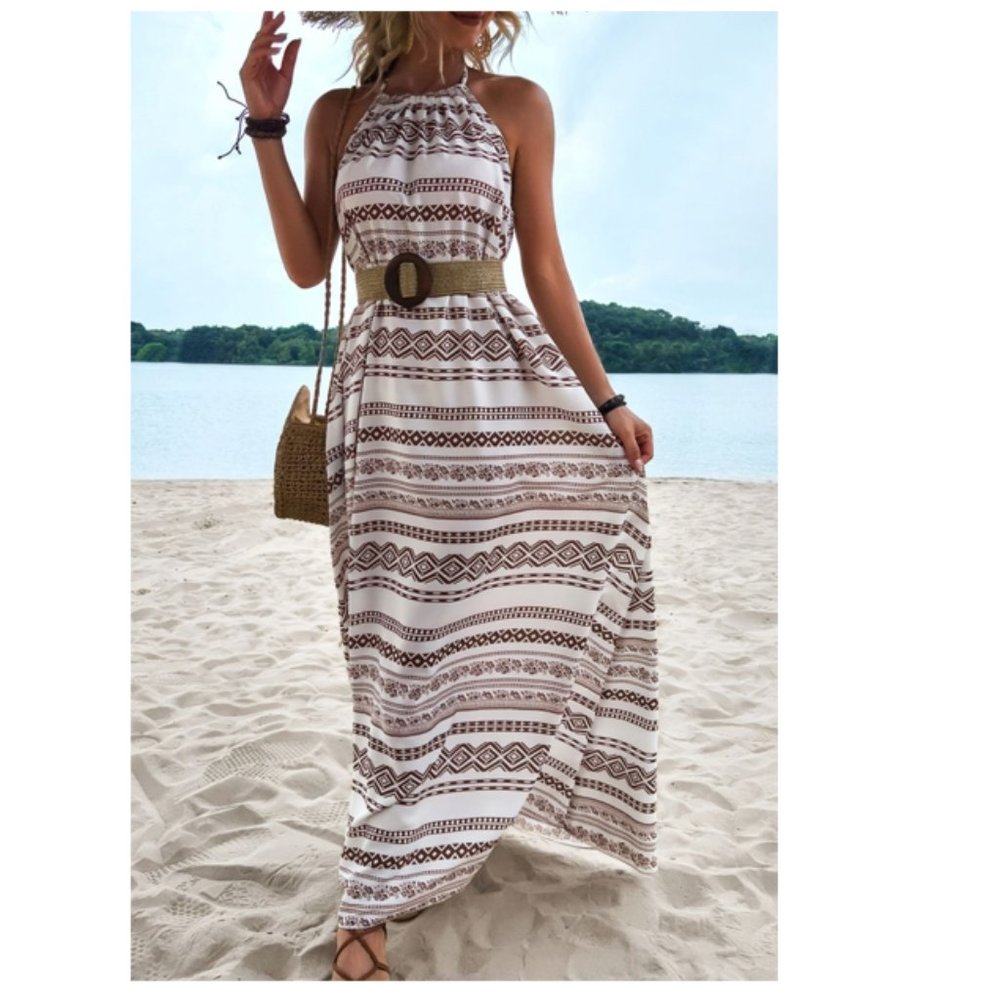 Bohemian Halter Maxi Dress - White and Brown